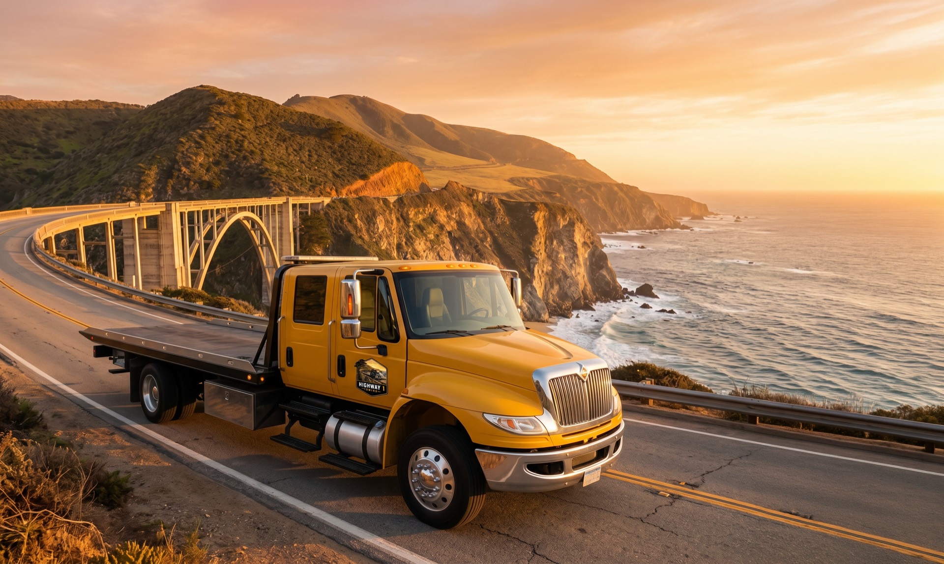 Highway 1 Towing flatbed truck on Highway 1 at Bixby Bridge with the Big Sur coastline at golden hour